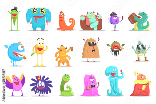 Fototapeta Naklejka Na Ścianę i Meble -  Monsters Having Fun At The Party. Funky Creatures Colorful Characters With Party Attributes