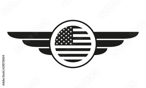 Wings badge with USA flag. Winged American flag template. Air force and aviation emblem. Vector illustration. 