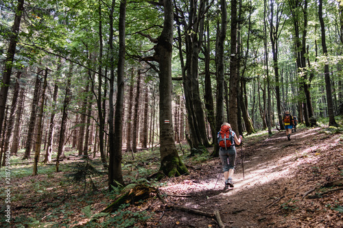 Tourist walking on the trail in mountains