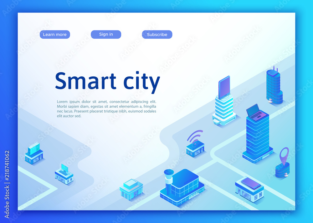 Smart city isometric city concept, online transportation service, mobile app landing page template with intelligent buildings, smartphone, tablet, laptop, 3d vector illustration