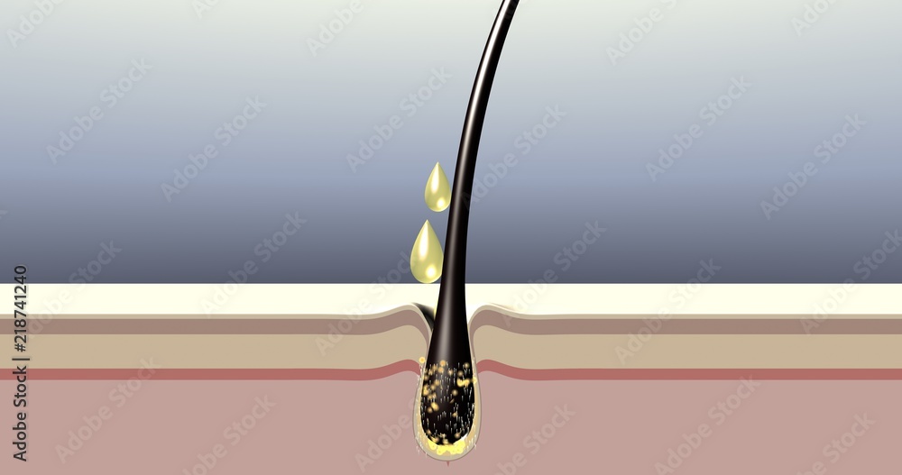 Hair care process. 3d illustration. Drops of oil, shampoo, serum or