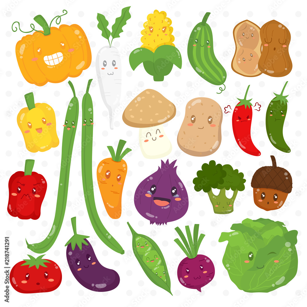 Set of cute vegetables with happy faces cartoon vector. Stock Vector |  Adobe Stock
