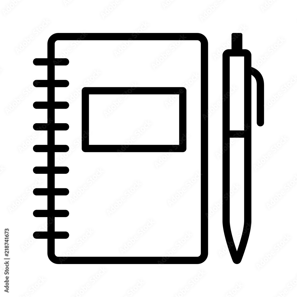 Note taking notebook or diary / journal with pen for writing line art vector icon for education apps and websites - obrazy, fototapety, plakaty 