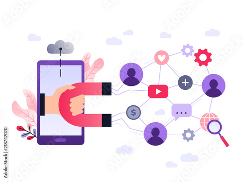 Social media ultra violet concept vector illustration with magnet engaging followers and likes. Influence marketing or viral advertising campaign. Audience or customer retention strategy.