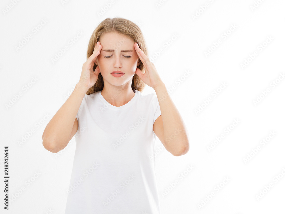 Stressed Exhausted caucasian Woman Having Strong Tension Headache. Portrait Of Sick Girl Suffering From Head Migraine, Feeling Pressure And Stress. Pain and health. Copy space. Stressed Exhausted caucasian Woman Having Strong Tension Headache. Portrait Of Sick Girl Suffering From Head Migraine, Feeling Pressure And Stress. Pain and health. Copy space.