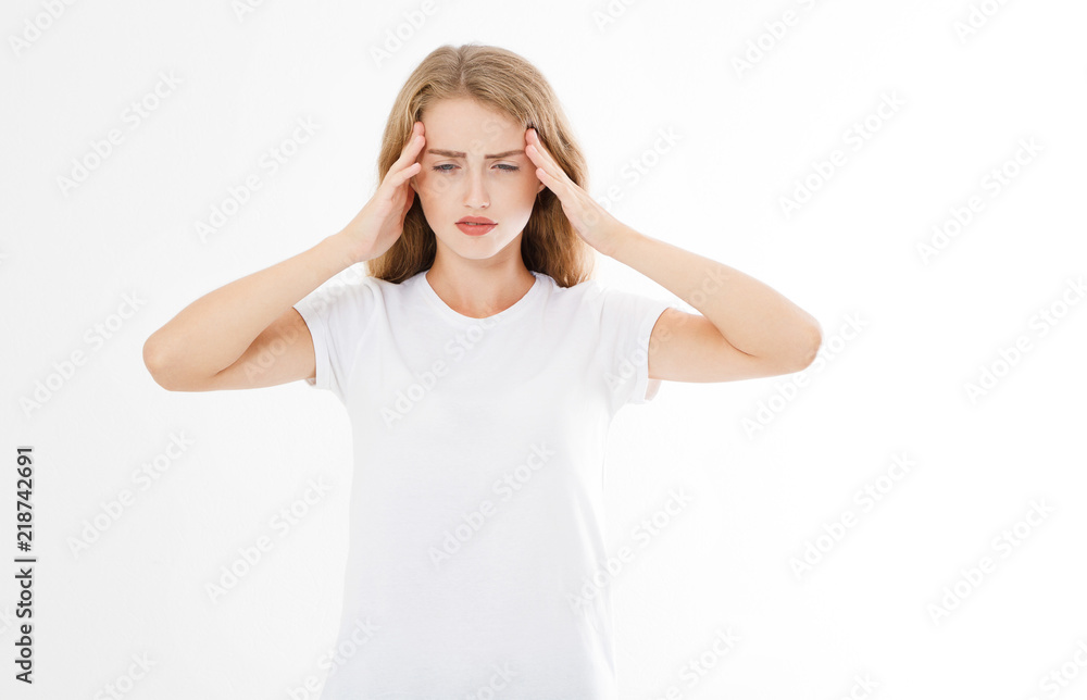 Stressed Exhausted caucasian Woman Having Strong Tension Headache. Portrait Of Sick Girl Suffering From Head Migraine, Feeling Pressure And Stress. Pain and health. Copy space. Stressed Exhausted caucasian Woman Having Strong Tension Headache. Portrait Of Sick Girl Suffering From Head Migraine, Feeling Pressure And Stress. Pain and health. Copy space.
