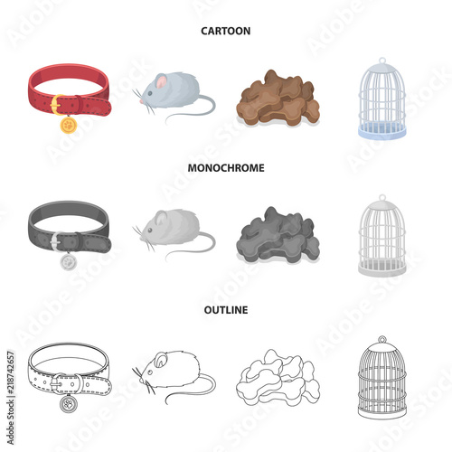 A collar, a forage, a toy, a cage and other products of the zoo store.Pet shop set collection icons in cartoon,outline,monochrome style vector symbol stock illustration web.