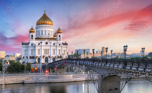 Photography Sunset view of Cathedral of Christ the Savior and Moscow river in Moscow, Russia