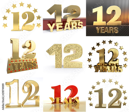 Set of number twelve year (12 year) celebration design. Anniversary golden number template elements for your birthday party. 3D illustration. photo