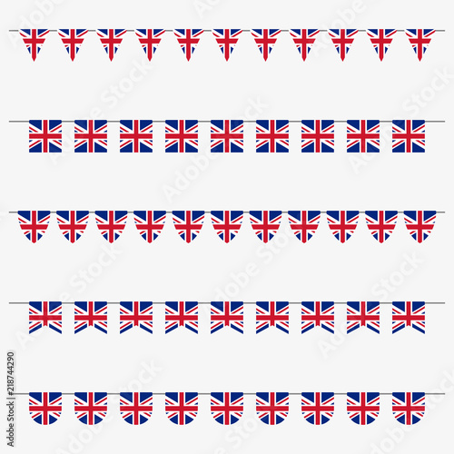 British bunting set with UK flags. Great Britain flags garland. Union Jack decoration for celebrate, party or festival. Vector illustration. 