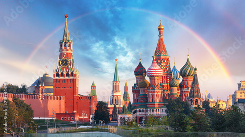 Moscow - Panoramic view of the Red Square with Moscow Kremlin and St Basil's Cathedral with rainbow photo