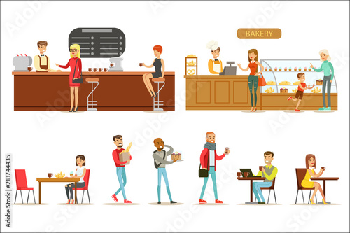 Interior Design And Happy Clients Of A Coffee Shop Set Illustrations