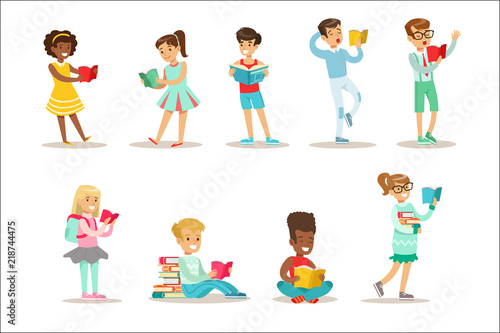 Children Who Love To Read Set Of Illustrations With Kids Enjoying Reading Books At Home And In The Library