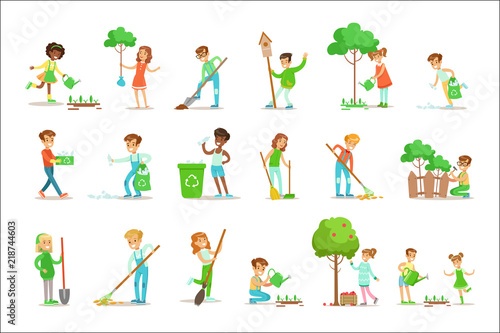 Children Helping In Eco-Friendly Gardening, Planting Trees, Cleaning Up Outdoors, Recycling The Garbage And Watering Sprouts