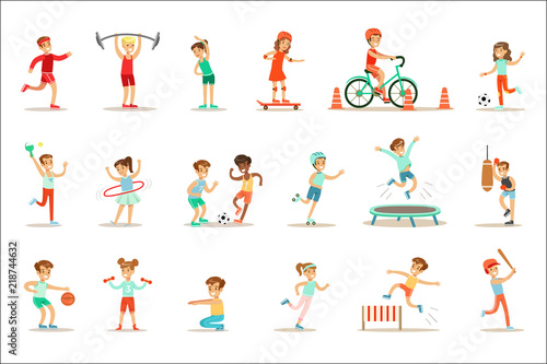 Kids Practicing Different Sports And Physical Activities In Physical Education Class Gym And Outdoors. Children Playing Football, Table Tennis, Basketball And Doing Athletic Exercises.