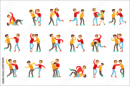 Two Boys Fist Fight Positions, Aggressive Bully In Long Sleeve Red Top Fighting Another Kid Who Is Weaker But Is Fighting Back