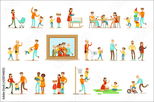 Happy Family Doing Things Together Illustration Surrounding Big Portrait Picture