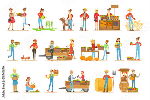 Farmers Men And Women Working At The Farm And Selling Fresh Farming Vegetables On Natural Organic Product Market