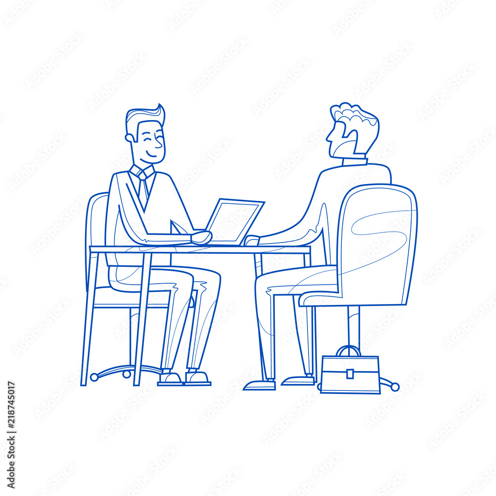 Job interview, job search, business meeting, business plan, men talking while sitting at the table. Thin Line. Job interview, job search, business meeting, business plan, men talking while sitting at the table. Thin Line.