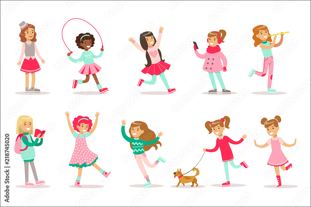 Happy And Their Expected Classic Behavior With Girly Games Pink Dresses Set Of Traditional Female Kid Role Illustrations Happy And Their Expected Classic Behavior With Girly Games Pink Dresses Set Of Traditional Female Kid Role Illustrations