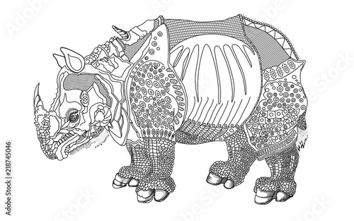 Fototapeta Naklejka Na Ścianę i Meble -  Rhinoceros in armor. Vector black and white illustration of a ritual combat rhino.