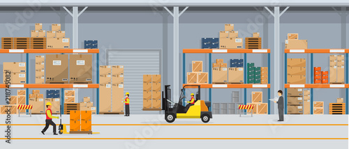 Warehouse Interior with Boxes On Rack And People Working. Flat vector and solid color style Logistic Delivery Service Concept illustration.