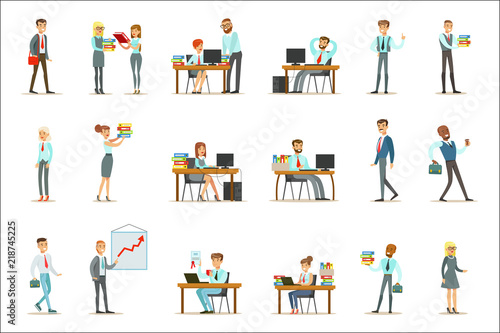 Happy Office Workers And Managers Working In The Office Space On Their Desks And Performing Other Tasks Set Of Illustrations