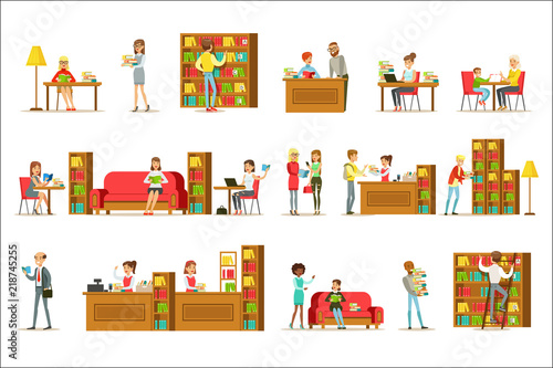 People Taking And Reading Books In Library Set Of Illustrations