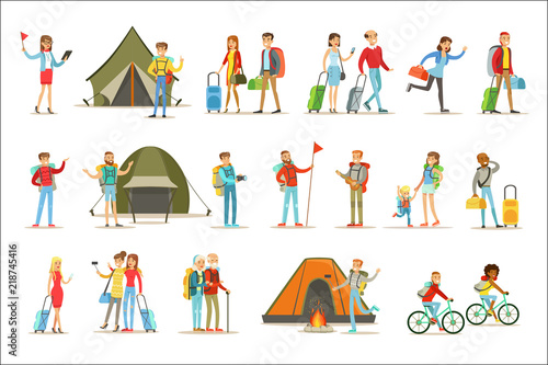 Happy People Traveling And Having Camping Trips Set Of Flat Cartoon Tourists Characters
