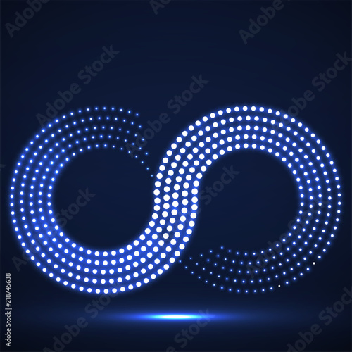 Abstract halftone glowing sign of infinity. Vector logo, design element
