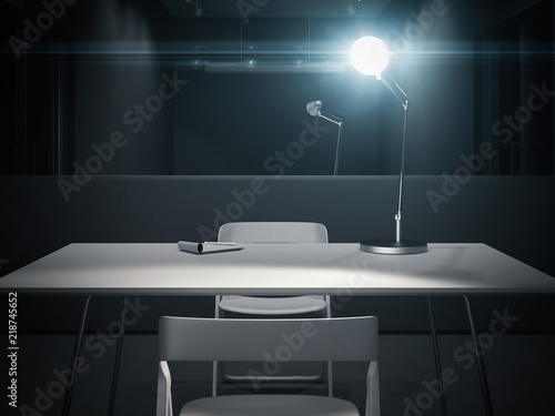 Dark interrogation room with switched-on lamp, 3d rendering.
