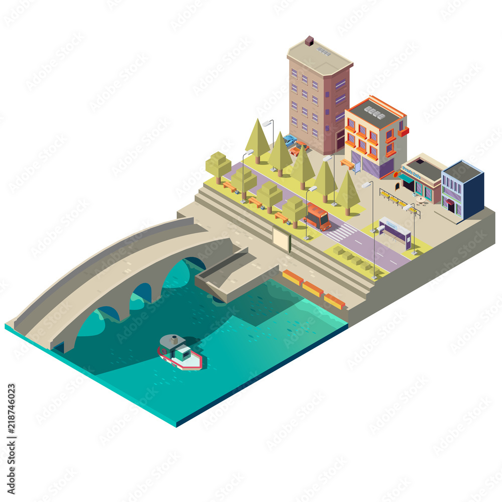 Vector isometric map of town with buildings, modern cityscape, river canal with bridge and ship, street with residential houses. City architecture, landscape of embankment. Urban concept illustration
