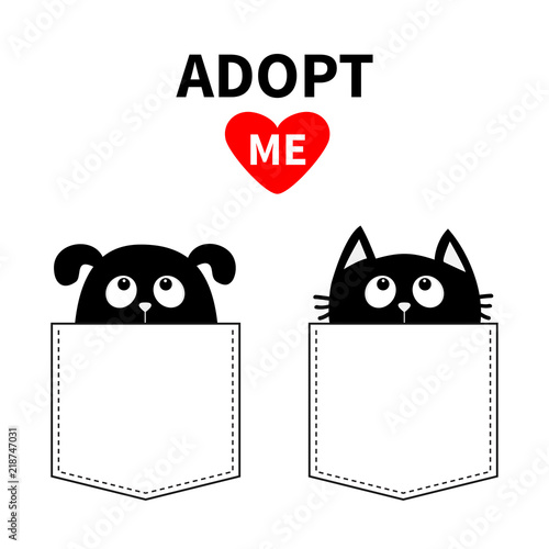 Adopt me. Dont buy. Dog Cat in pocket. Pet adoption. Puppy pooch kitty cat looking up to red heart. Flat design. Help homeless animal concept. White background. Isolated.
