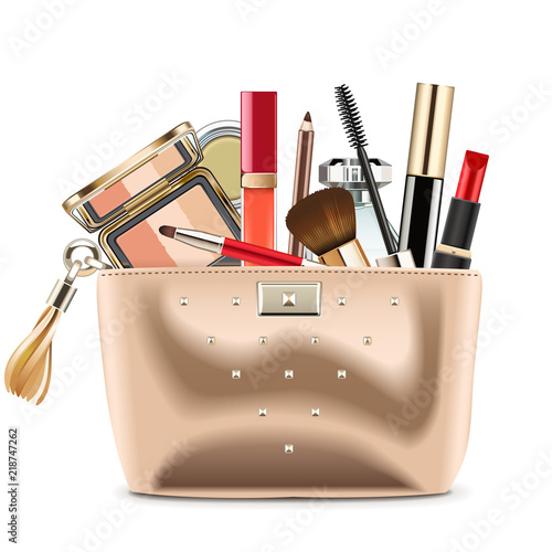 Vector Golden Cosmetic Bag with Cosmetics