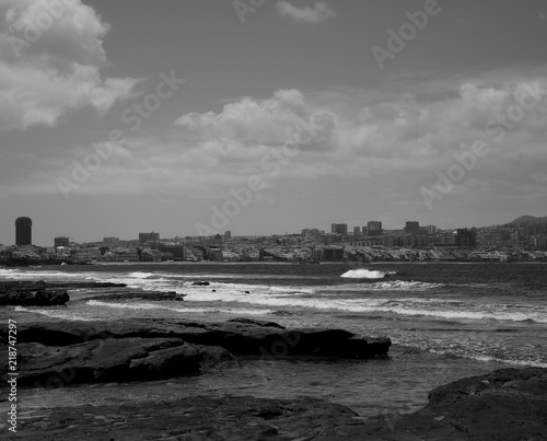 El Confital beach and Las Palmas city, monochrome effect, Canary Islands