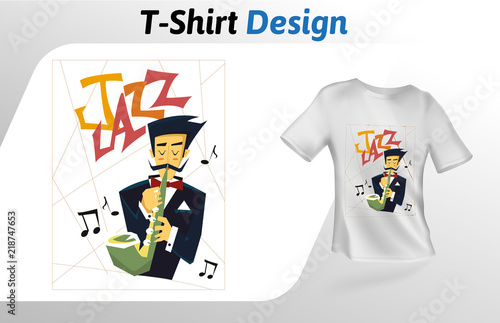 Saxophone player flat t-shirt print. Colorful mock up t-shirt design template. Vector template, isolated on white background.