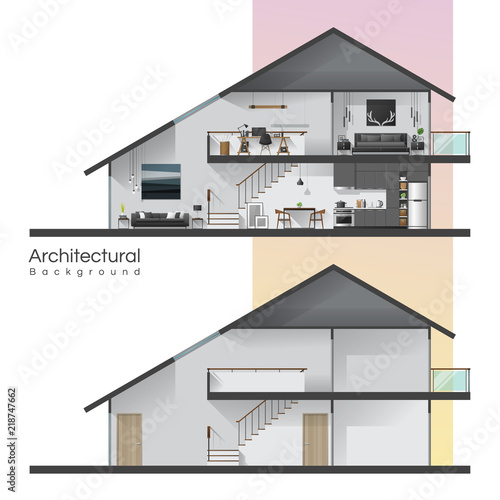 House cross section with furniture and empty house , vector , illustration