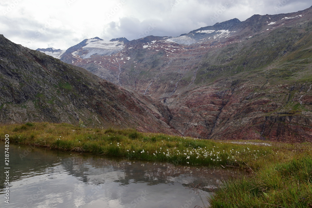 High mountains covered by glaciers in summer. Wilderness and upland moor near Obergurgl, Oetztal in Tyrol, Austria.
