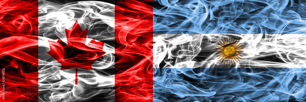 Canada vs Argentina smoke flags placed side by side. Canadian and Argentina flag together