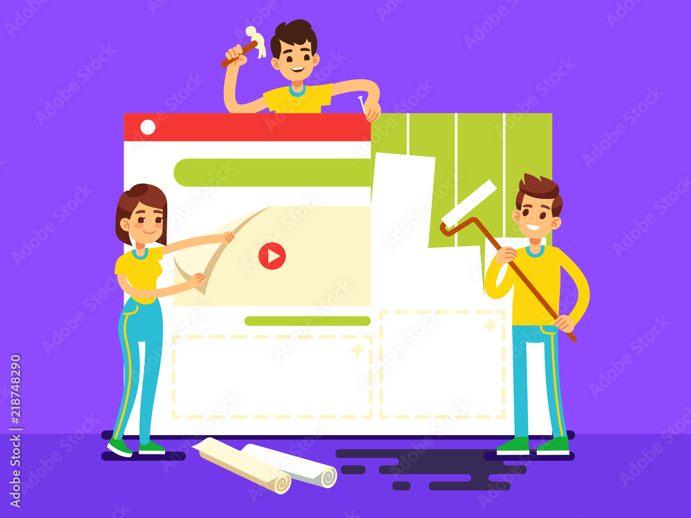 Website development with developers creating content. Web construction vector concept illustration