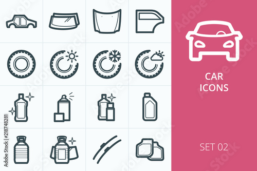 Car parts icon set. Set of tires, car fluids, body parts, auto glass, car mats  isolated vector icons