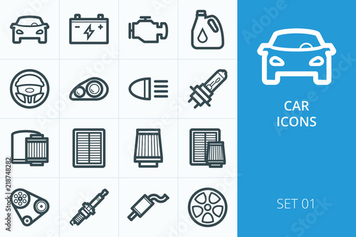 Car icons set. Set of oil filters, air filter, motor oil, lamps and lights, engine