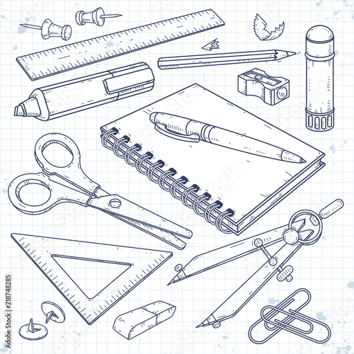 Vector set office supplies, stationery for school and student