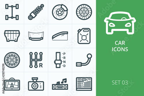 Car parts icons kit. Set of car transmission parts, deflectors, electronics, brakes, absorber, auto tools