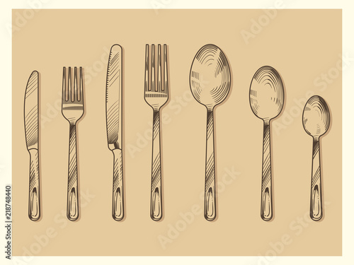 Vintage cutlery set vector design. Hand drawn knife, fork, spoon in sketch engraving style