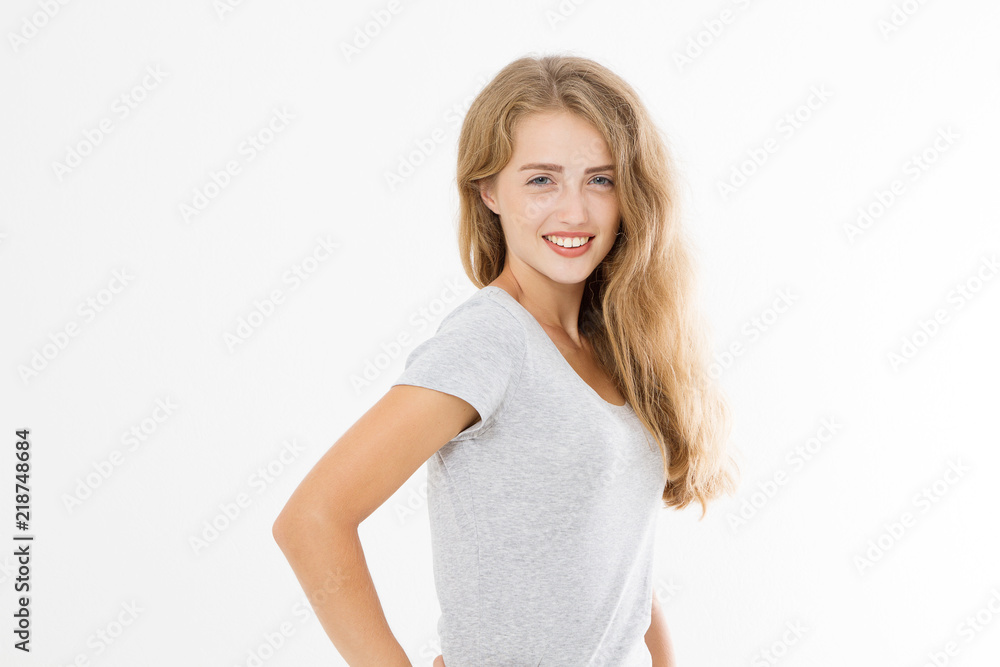 Young caucasian blonde girl isolated on white background. Copy space. Mock up. Perfect skin and hair. Skincare and makeup concept. Young caucasian blonde girl isolated on white background. Copy space. Mock up. Perfect skin and hair. Skincare and makeup concept.