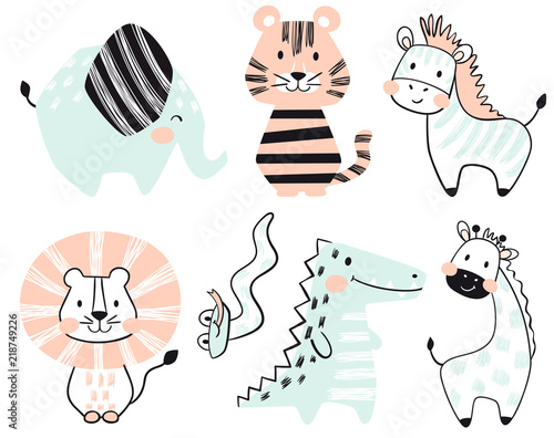 Crocodile, elephant, tiger, zebra, lion, giraffe, snake baby cute print set.