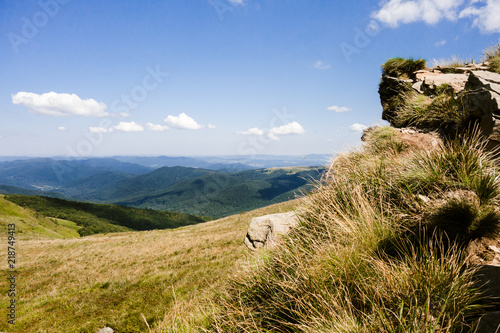 Fototapeta Naklejka Na Ścianę i Meble -  Scenic aerial view of grassland in mountains during sunny summer day, Beskidy Poland