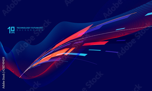 Abstract perspective technology geometric and twist lines colorful on dark blue background.