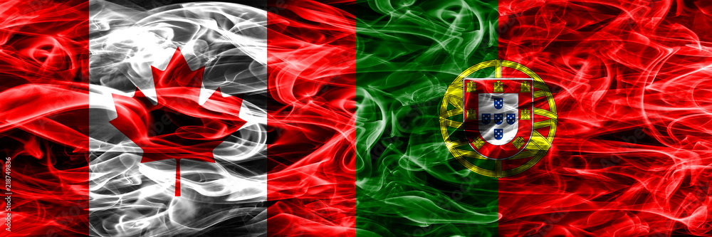 Obraz premium Canada vs Portugal smoke flags placed side by side. Canadian and Portugal flag together